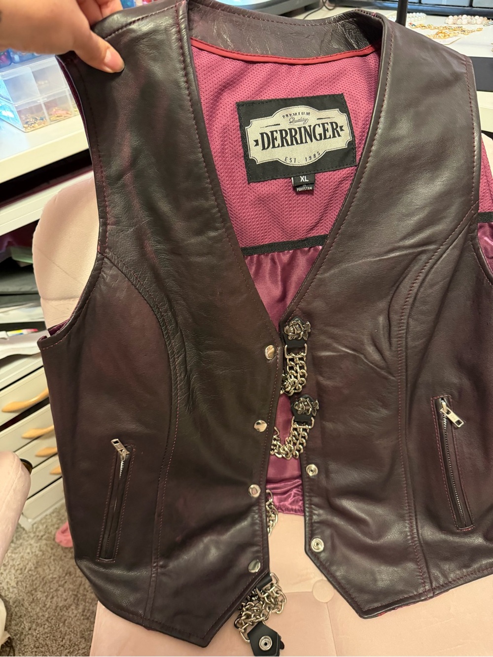 Women's Plum Leather Vest with Chain Detail